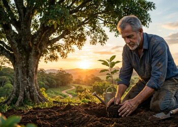 Homem maduro planta uma muda ao lado de uma árvore adulta como representação de um recomeço tardio.
