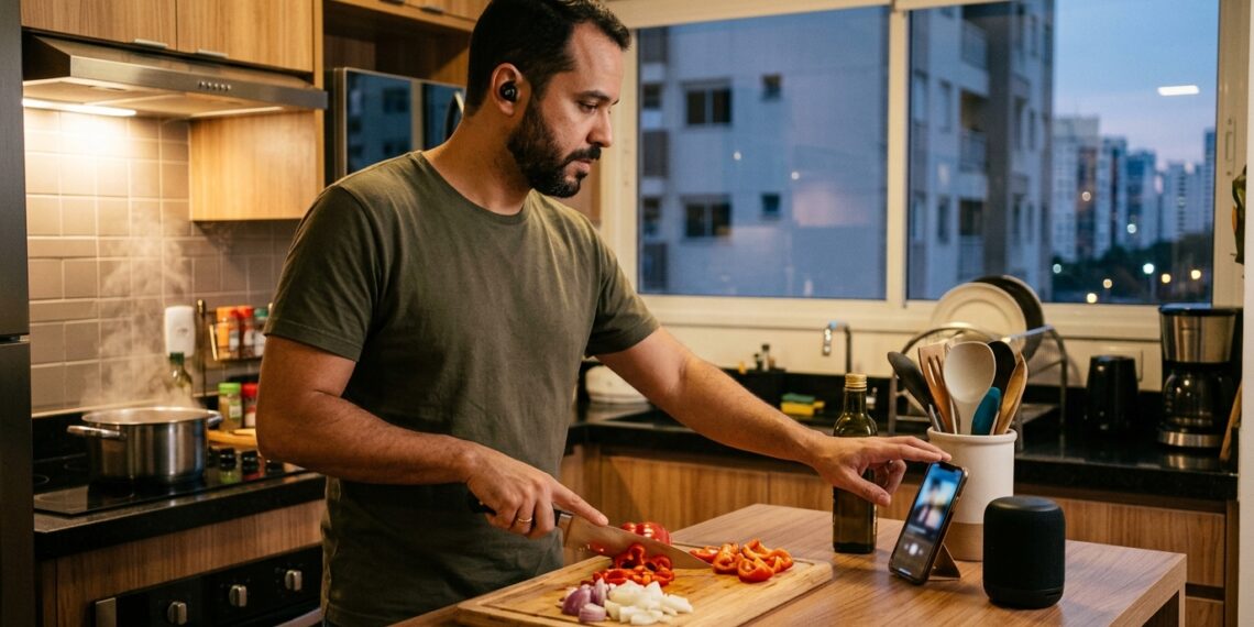 Homem cozinha sozinho usando fones de ouvido e mantendo um celular próximo.