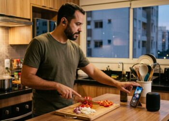 Homem cozinha sozinho usando fones de ouvido e mantendo um celular próximo.