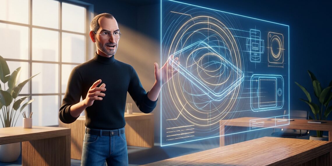 Ilustração digital em estilo de animação de Steve Jobs em estúdio minimalista observando um projeto luminoso.