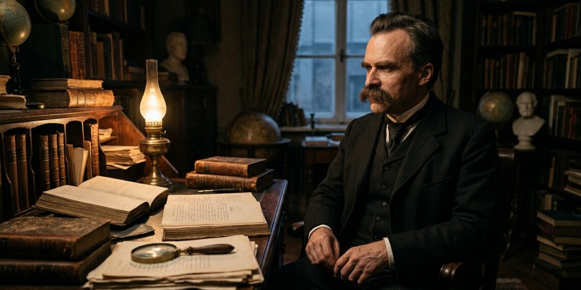 Representação de Friedrich Nietzsche interrompendo a leitura para refletir sobre a própria busca pela verdade.