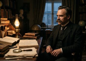 Representação de Friedrich Nietzsche interrompendo a leitura para refletir sobre a própria busca pela verdade.