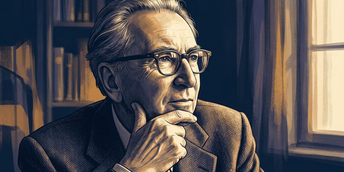 Ilustração editorial de Viktor Frankl com olhar sereno e reflexivo em fundo com iluminação suave