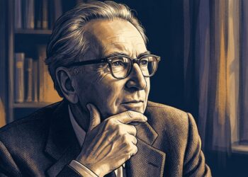 Ilustração editorial de Viktor Frankl com olhar sereno e reflexivo em fundo com iluminação suave