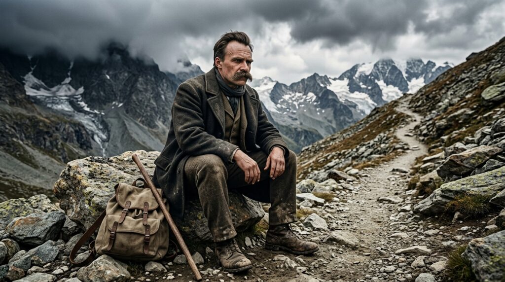 Nietzsche descansa após percorrer uma trilha difícil entre montanhas.