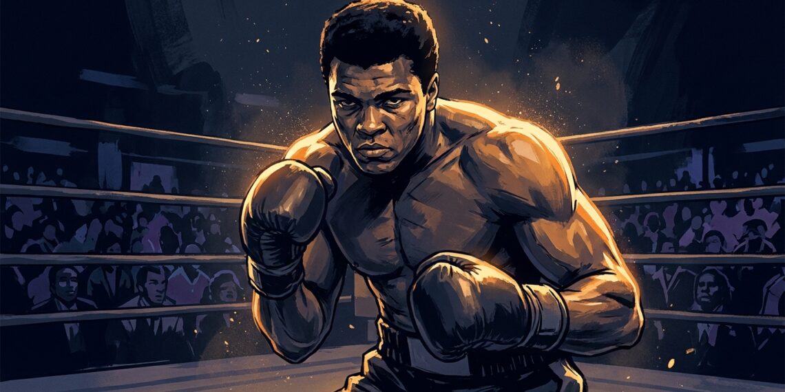 Ilustração estilizada de Muhammad Ali se levantando no ringue de boxe sob luzes dramáticas em tons de azul e âmbar