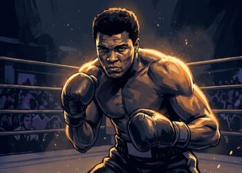 Ilustração estilizada de Muhammad Ali se levantando no ringue de boxe sob luzes dramáticas em tons de azul e âmbar