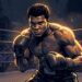 Ilustração estilizada de Muhammad Ali se levantando no ringue de boxe sob luzes dramáticas em tons de azul e âmbar
