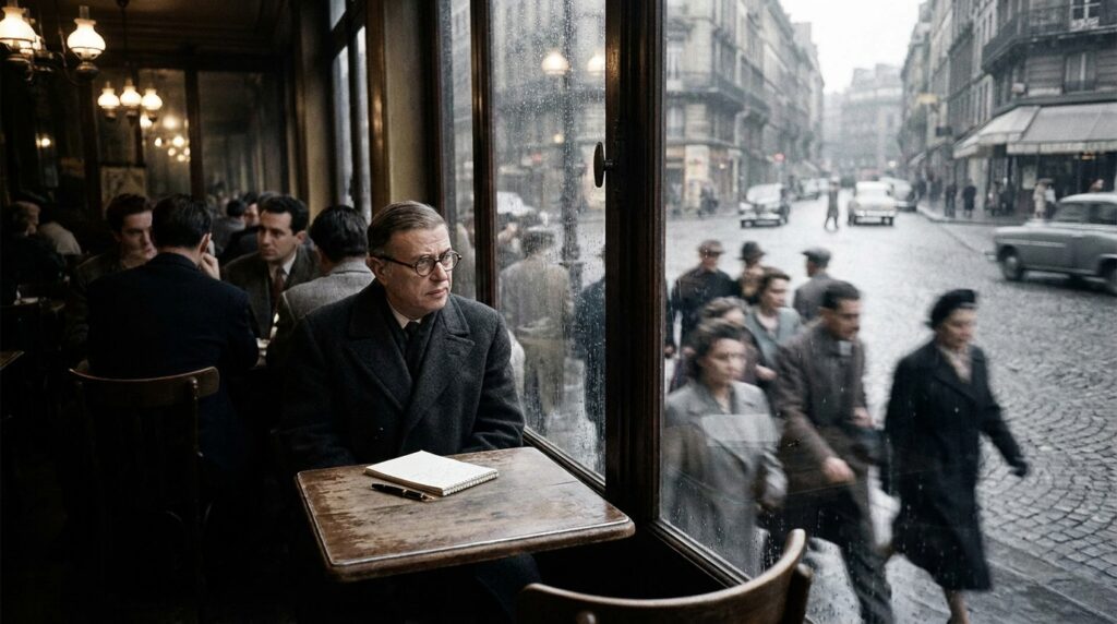 Jean-Paul Sartre observa pessoas seguindo a mesma direção em uma rua de Paris.
