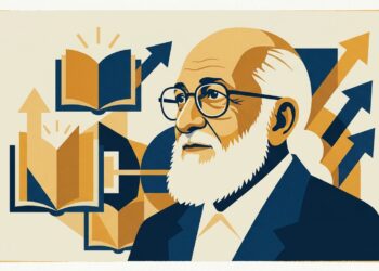 Ilustração editorial vetorial de Paulo Freire com barba branca e óculos redondos sobre fundo minimalista em tons de azul-marinho e ocre.