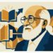 Ilustração editorial vetorial de Paulo Freire com barba branca e óculos redondos sobre fundo minimalista em tons de azul-marinho e ocre.