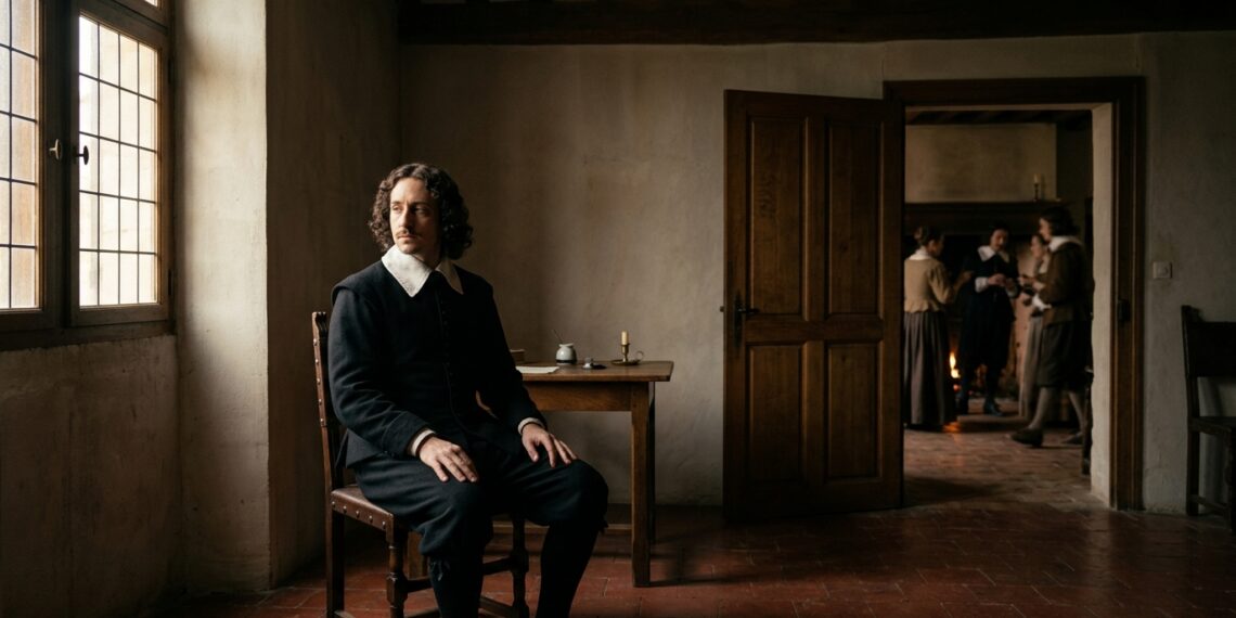 Representação de Blaise Pascal sentado sozinho e em silêncio em um quarto do século XVII.