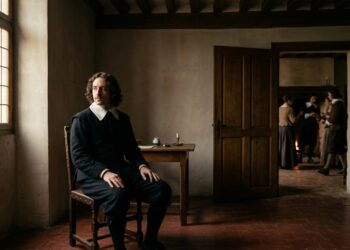 Representação de Blaise Pascal sentado sozinho e em silêncio em um quarto do século XVII.