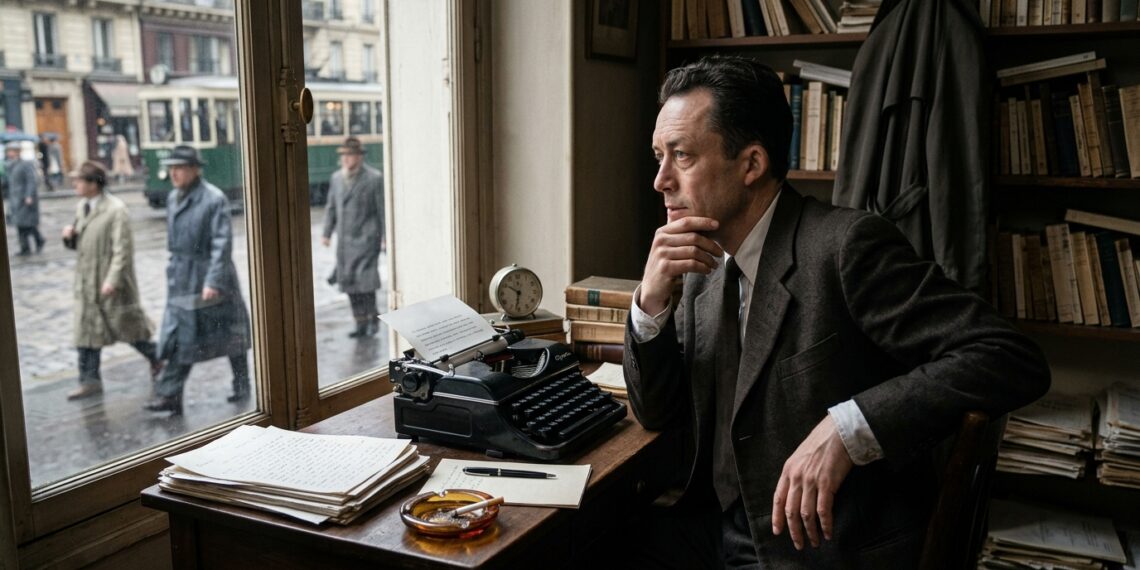 Albert Camus interrompe uma tarefa repetitiva diante da máquina de escrever e observa a rotina do lado de fora.