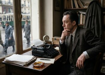 Albert Camus interrompe uma tarefa repetitiva diante da máquina de escrever e observa a rotina do lado de fora.