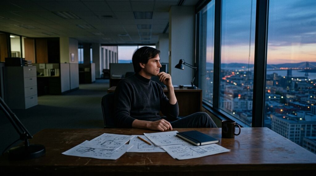 Steve Jobs reflete sozinho sobre trabalho e direção profissional.