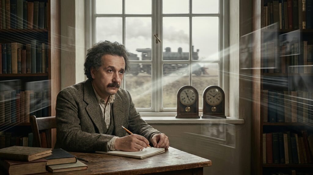 Einstein imagina cenários envolvendo luz, movimento e tempo enquanto trabalha.