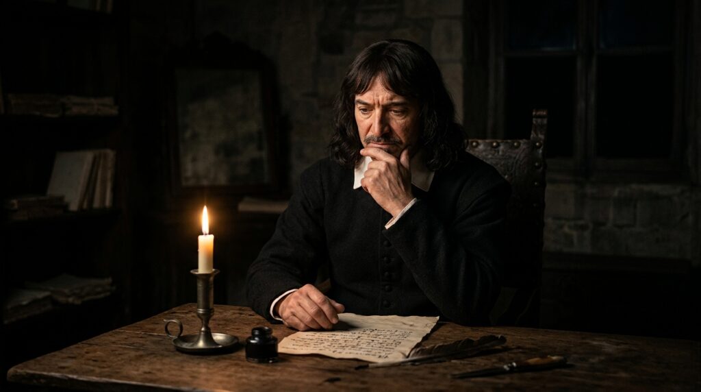 René Descartes observa objetos e reflexos durante uma representação de sua dúvida sobre os sentidos.
