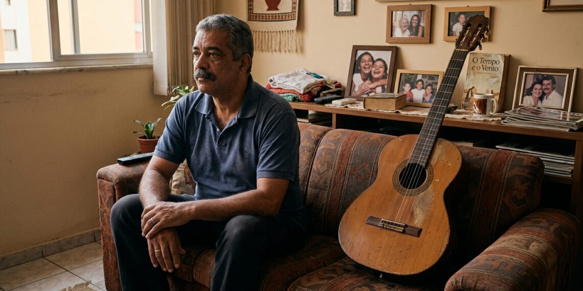 Homem permanece sentado ao lado de um violão sem demonstrar interesse pelo antigo hobby.