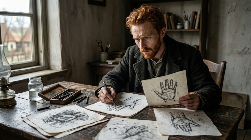 Vincent van Gogh repete estudos de desenho enquanto observa e corrige suas próprias tentativas.