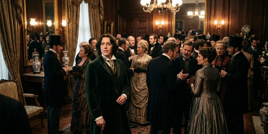 Representação de Oscar Wilde em meio à sociedade vitoriana simboliza individualidade e autenticidade diante das convenções sociais.