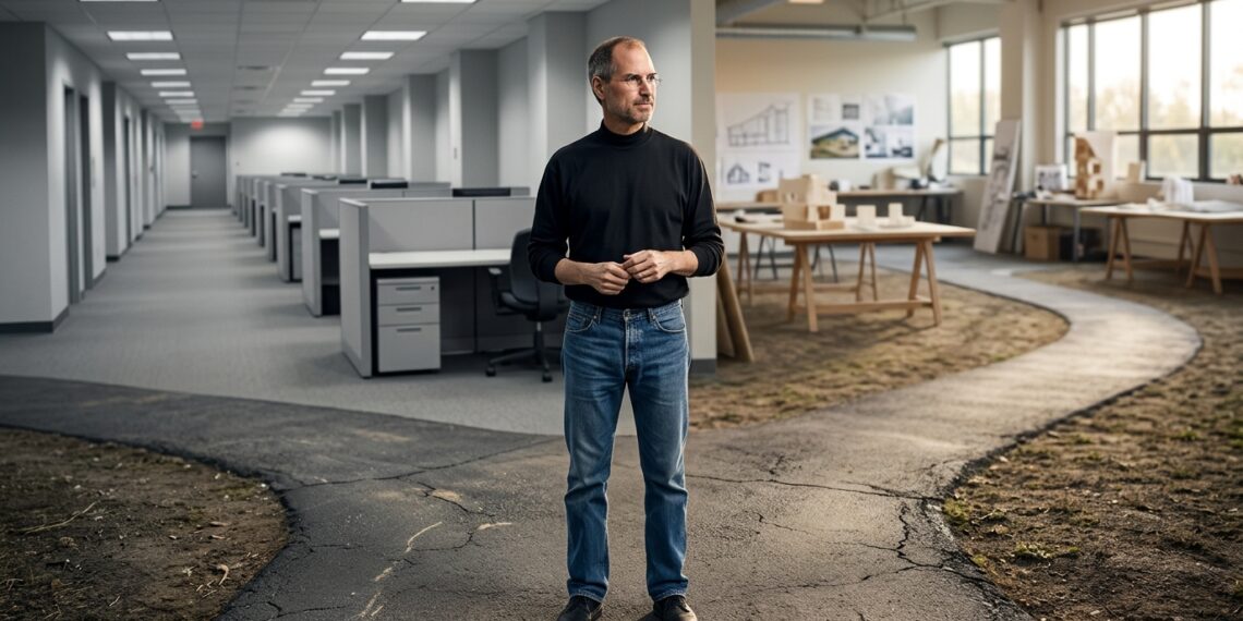 Steve Jobs diante de caminhos diferentes em uma reflexão sobre carreira.