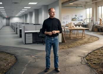 Steve Jobs diante de caminhos diferentes em uma reflexão sobre carreira.