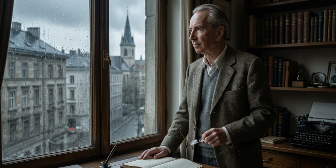 Viktor Frankl reflete diante de uma janela em um cenário de tempo fechado.