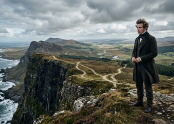 Representação de Søren Kierkegaard diante de uma paisagem aberta com diferentes caminhos simbolizando liberdade e escolha.