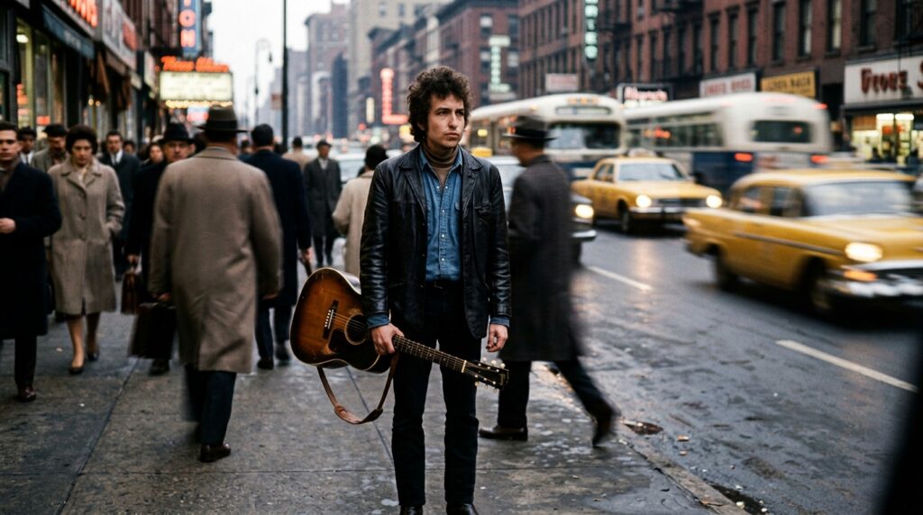 Bob Dylan observa um rio em movimento em uma representação simbólica da mudança constante.