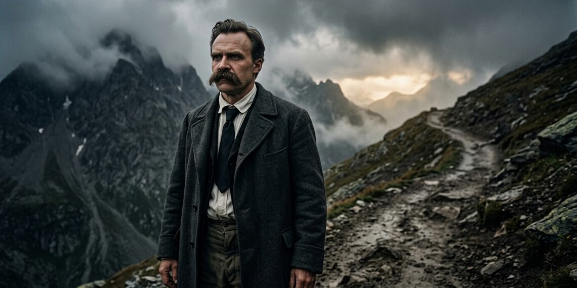Friedrich Nietzsche observa um caminho difícil que segue em direção ao horizonte.