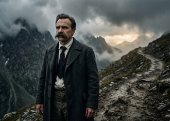 Friedrich Nietzsche observa um caminho difícil que segue em direção ao horizonte.