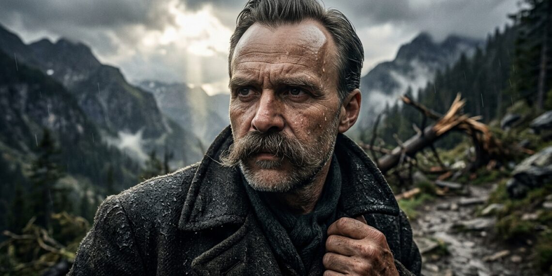 Friedrich Nietzsche observa a paisagem depois de uma tempestade nas montanhas.