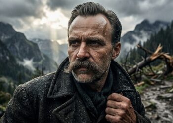 Friedrich Nietzsche observa a paisagem depois de uma tempestade nas montanhas.