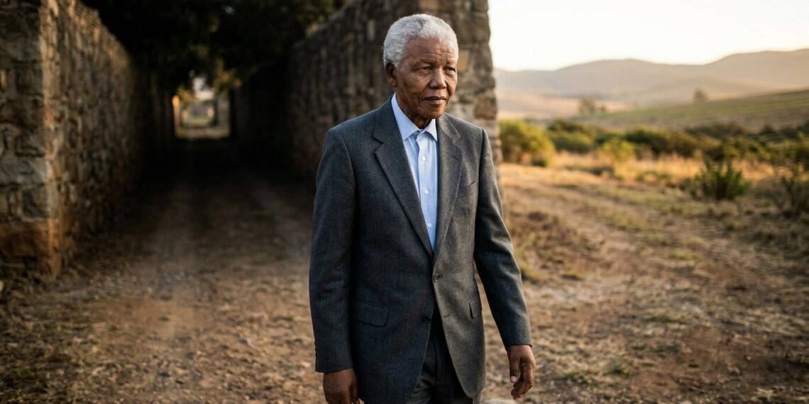Nelson Mandela caminha em uma representação de recomeço após a adversidade.