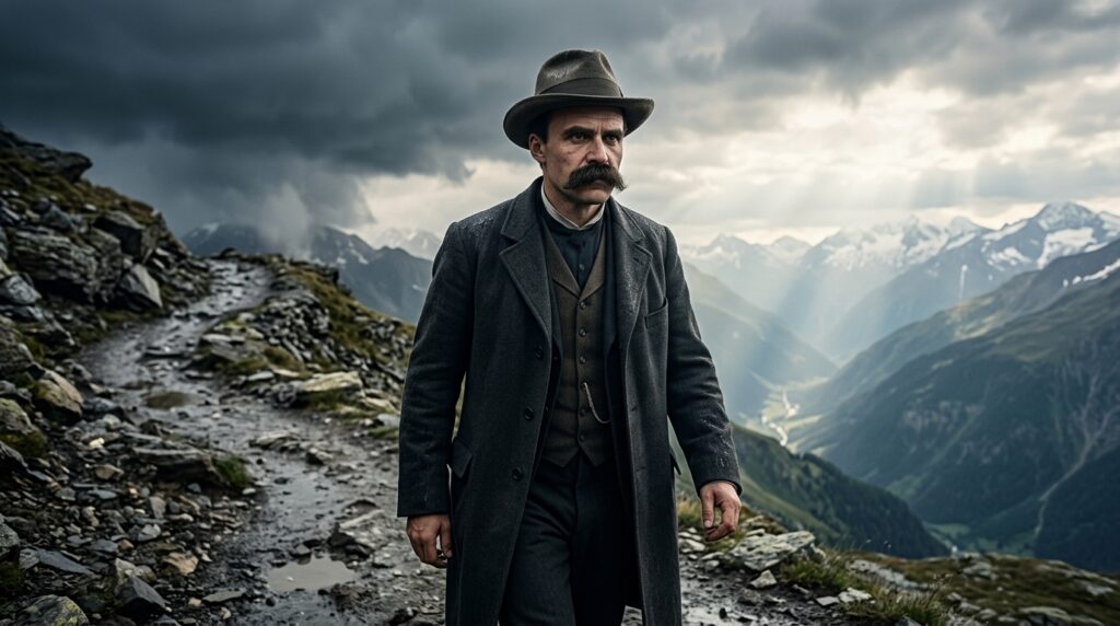 Friedrich Nietzsche caminha por uma trilha montanhosa após atravessar uma tempestade.