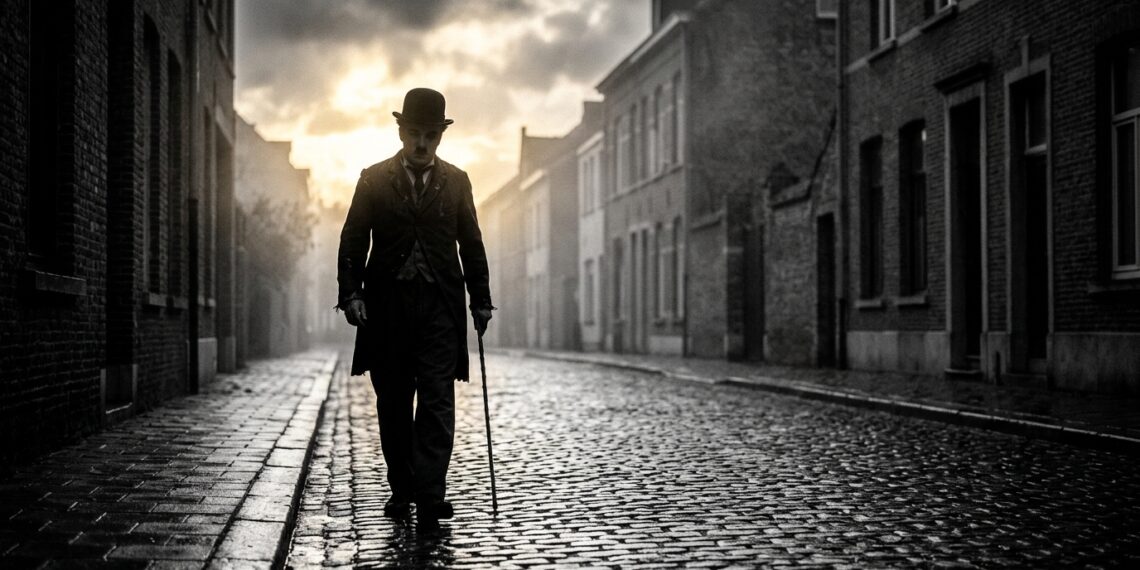 Silhueta de homem com chapéu e bengala ao estilo clássico caminhando por uma estrada de paralelepípedos ao amanhecer enquanto raios de sol rompem nuvens de chuva