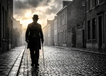 Silhueta de homem com chapéu e bengala ao estilo clássico caminhando por uma estrada de paralelepípedos ao amanhecer enquanto raios de sol rompem nuvens de chuva