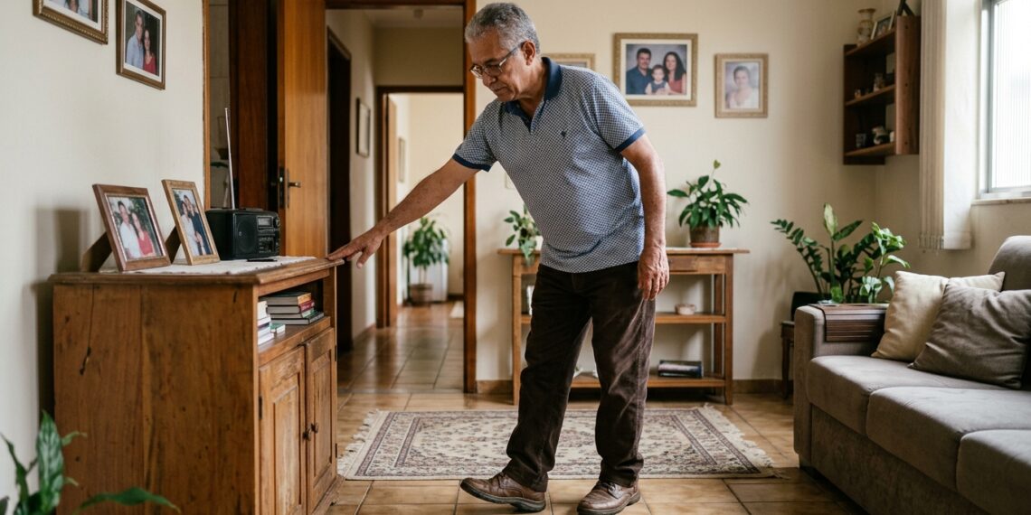 Homem com mais de 60 anos caminha com passos cautelosos e procura apoio próximo.