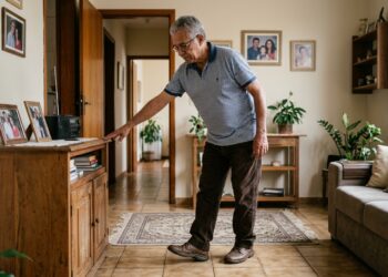 Homem com mais de 60 anos caminha com passos cautelosos e procura apoio próximo.