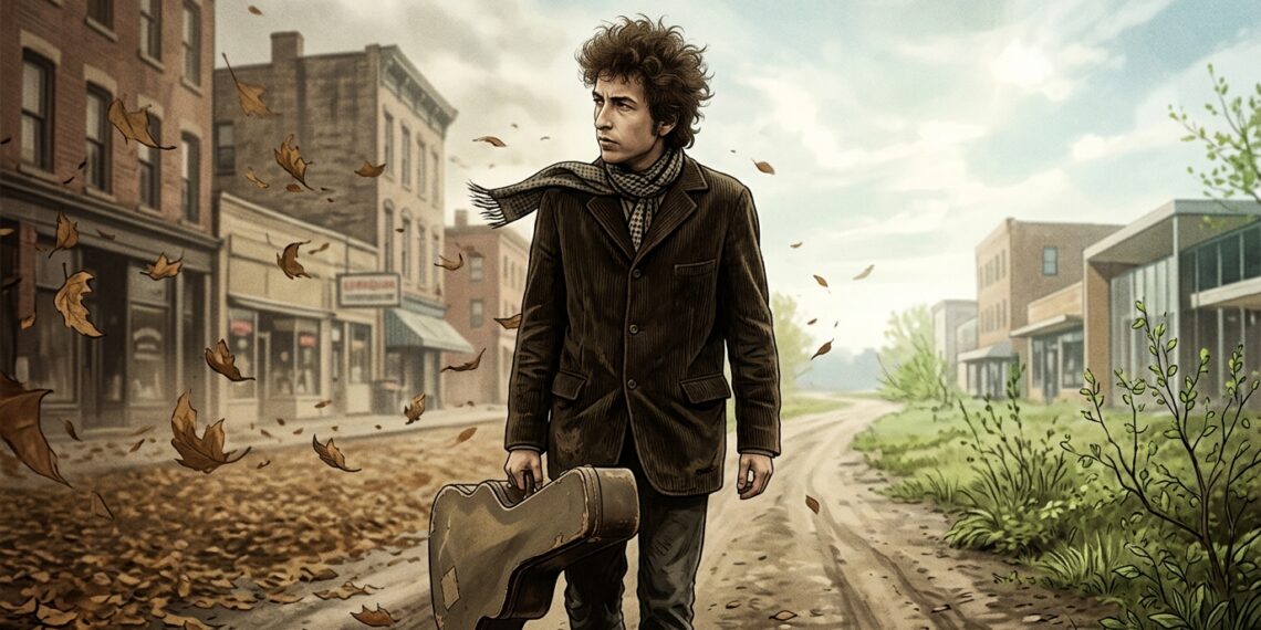 Bob Dylan caminha por uma estrada enquanto a paisagem ao redor representa a passagem do tempo e a mudança.