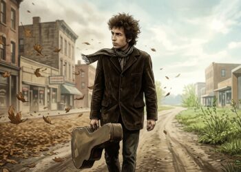 Bob Dylan caminha por uma estrada enquanto a paisagem ao redor representa a passagem do tempo e a mudança.
