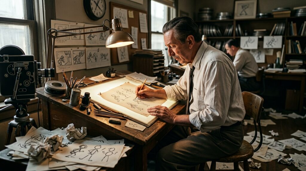 Walt Disney transforma um rascunho inicial em uma sequência de desenhos durante o trabalho.