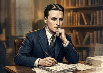 Ilustração editorial de F. Scott Fitzgerald pensativo segurando caneta-tinteiro com manuscritos ao fundo