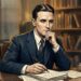 Ilustração editorial de F. Scott Fitzgerald pensativo segurando caneta-tinteiro com manuscritos ao fundo