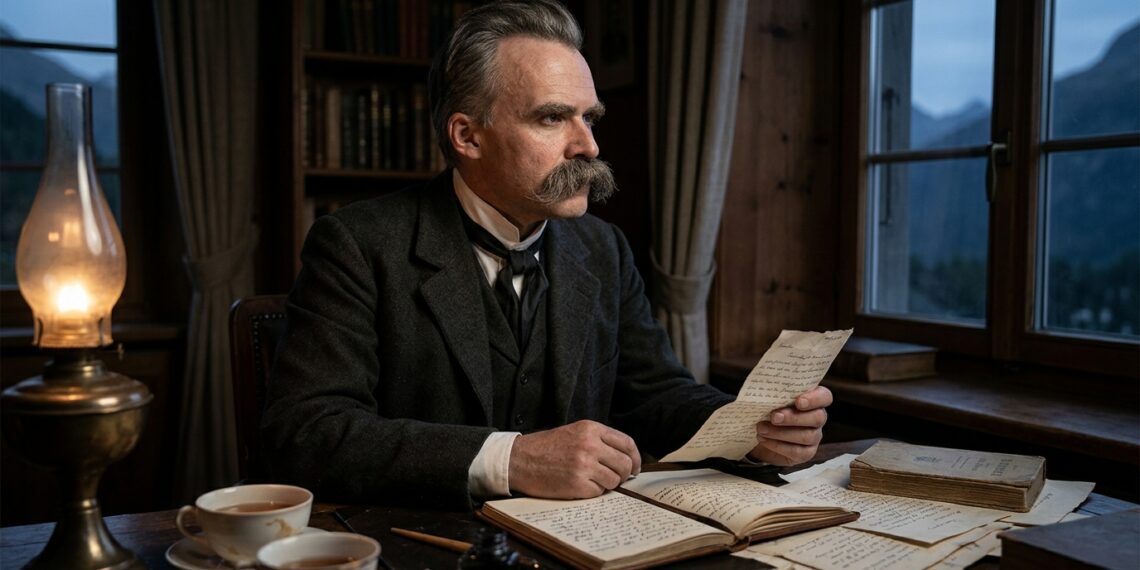 Representação de Friedrich Nietzsche sentado à escrivaninha com uma carta nas mãos enquanto reflete diante de uma janela.