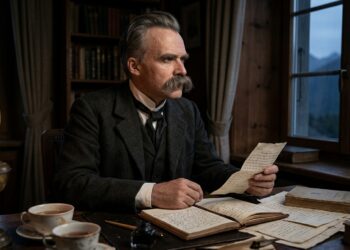Representação de Friedrich Nietzsche sentado à escrivaninha com uma carta nas mãos enquanto reflete diante de uma janela.