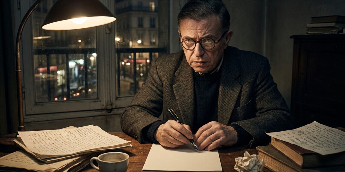 Jean-Paul Sartre segura uma caneta diante de uma página ainda em branco.