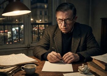Jean-Paul Sartre segura uma caneta diante de uma página ainda em branco.
