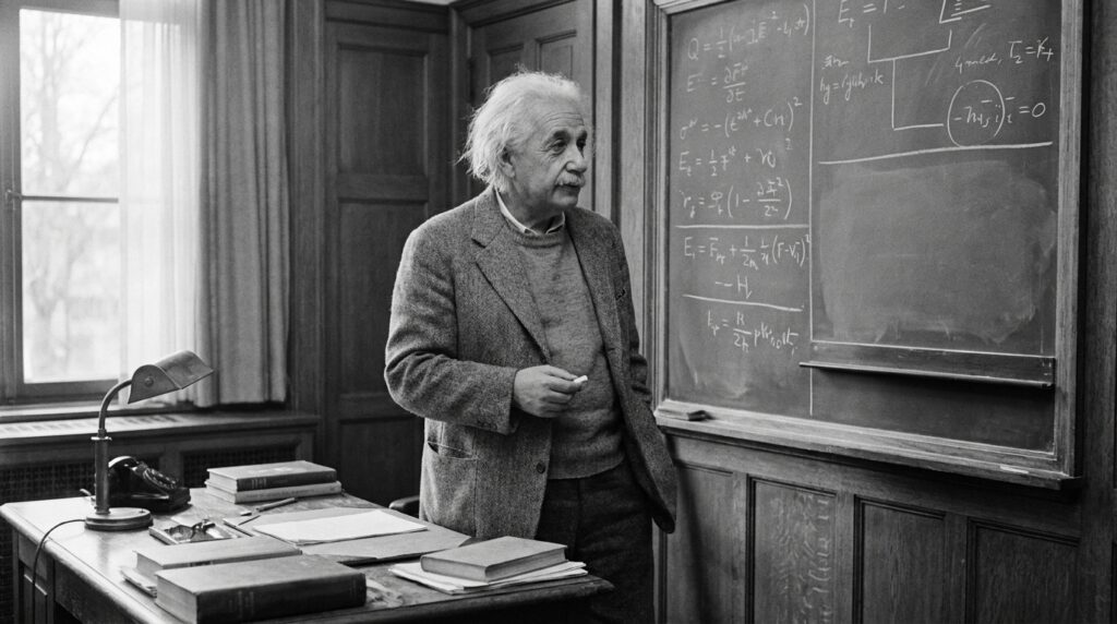 Albert Einstein reflete diante de um quadro com equações.